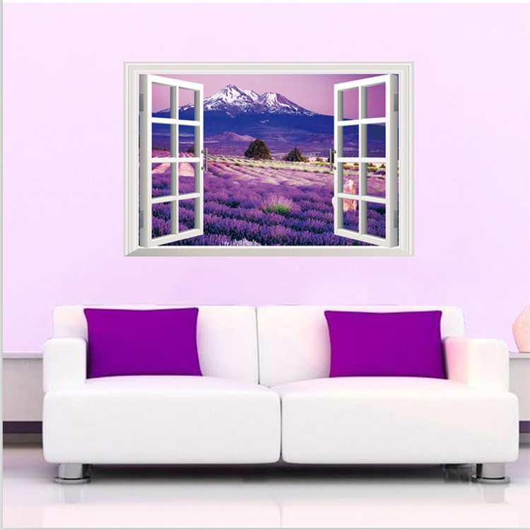 3D Window View Lavender Flowers PVC Wall Sticker Mural Wallpaper Decal Home Decoration-1