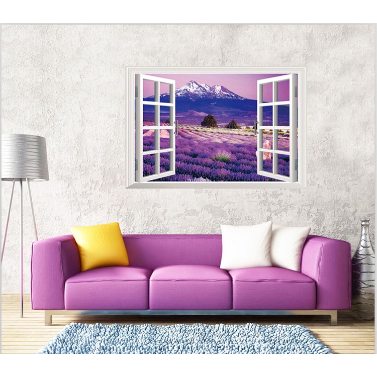 3D Window View Lavender Flowers PVC Wall Sticker Mural Wallpaper Decal Home Decoration-2