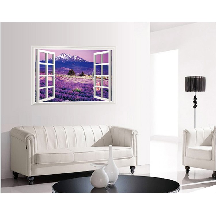 3D Window View Lavender Flowers PVC Wall Sticker Mural Wallpaper Decal Home Decoration-3