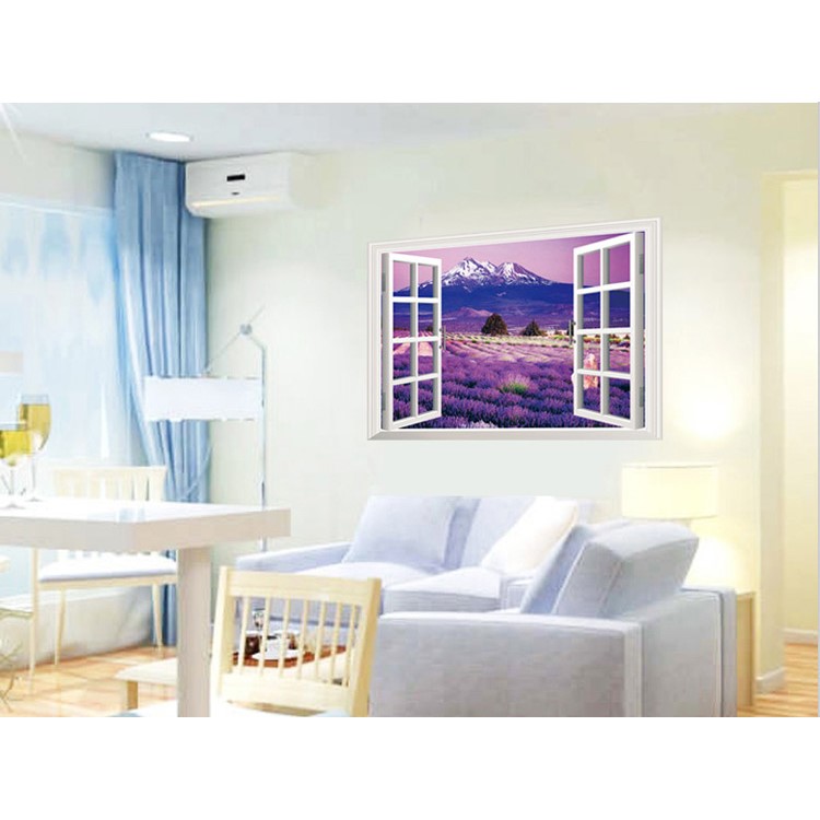 3D Window View Lavender Flowers PVC Wall Sticker Mural Wallpaper Decal Home Decoration-4
