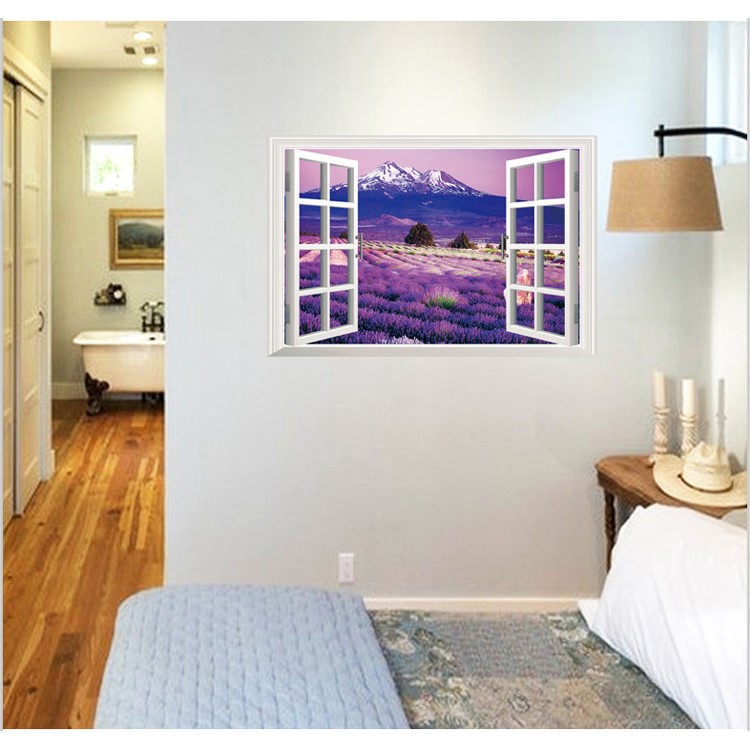 3D Window View Lavender Flowers PVC Wall Sticker Mural Wallpaper Decal Home Decoration-5
