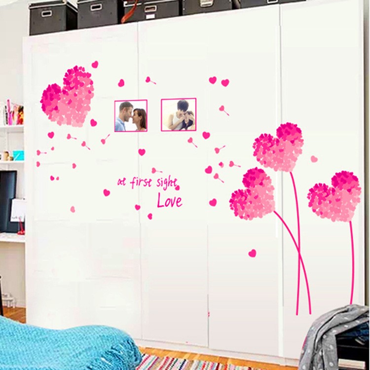 Romantic Pink Heart-shaped Flowers Wall Sticker Living Room Bedroom Wall Decals-2