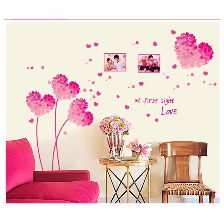 Romantic Pink Heart-shaped Flowers Wall Sticker Living Room Bedroom Wall Decals-3
