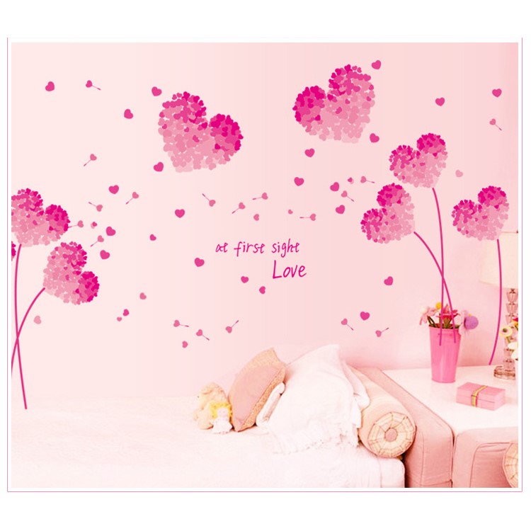 Romantic Pink Heart-shaped Flowers Wall Sticker Living Room Bedroom Wall Decals-4