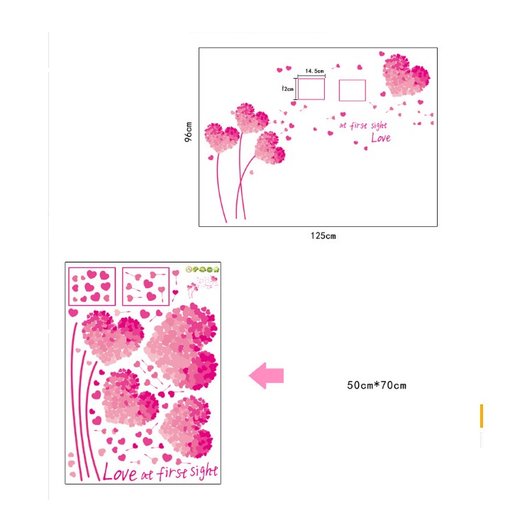 Romantic Pink Heart-shaped Flowers Wall Sticker Living Room Bedroom Wall Decals-5
