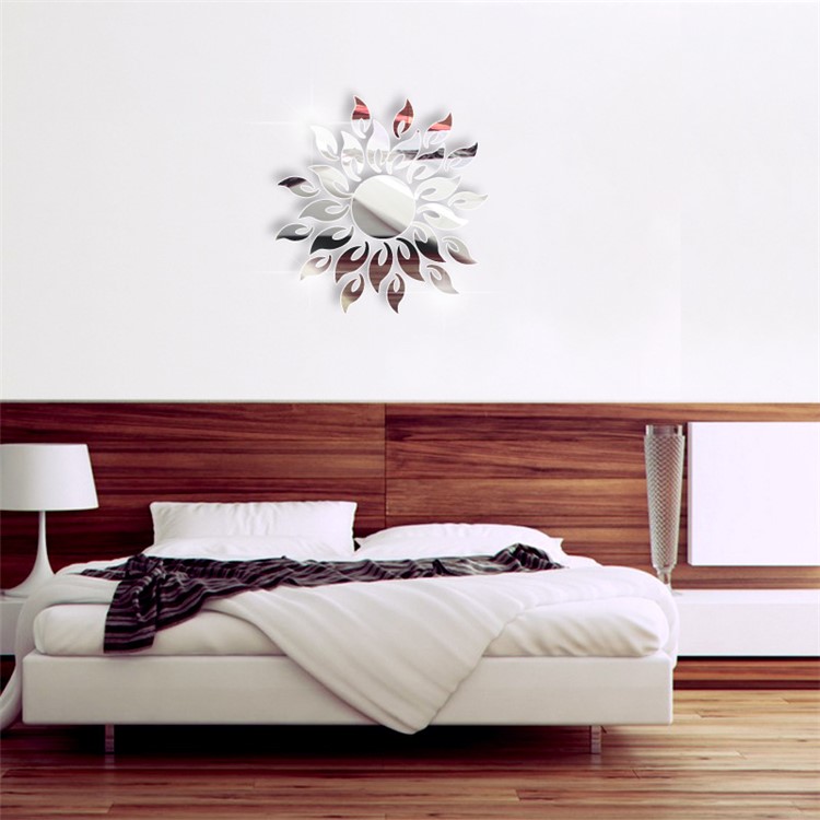 Sun Sunshine Round Mirror Removable DIY Acrylic 3D Wall Sticker for Bedroom - Silver Color-4