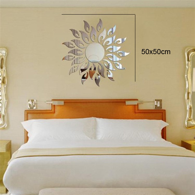 Sun Sunshine Round Mirror Removable DIY Acrylic 3D Wall Sticker for Bedroom - Silver Color-6