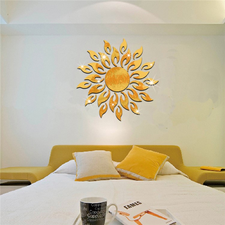 Sun Sunshine Round Mirror Removable DIY Acrylic 3D Wall Sticker for Bedroom - Gold Color-3