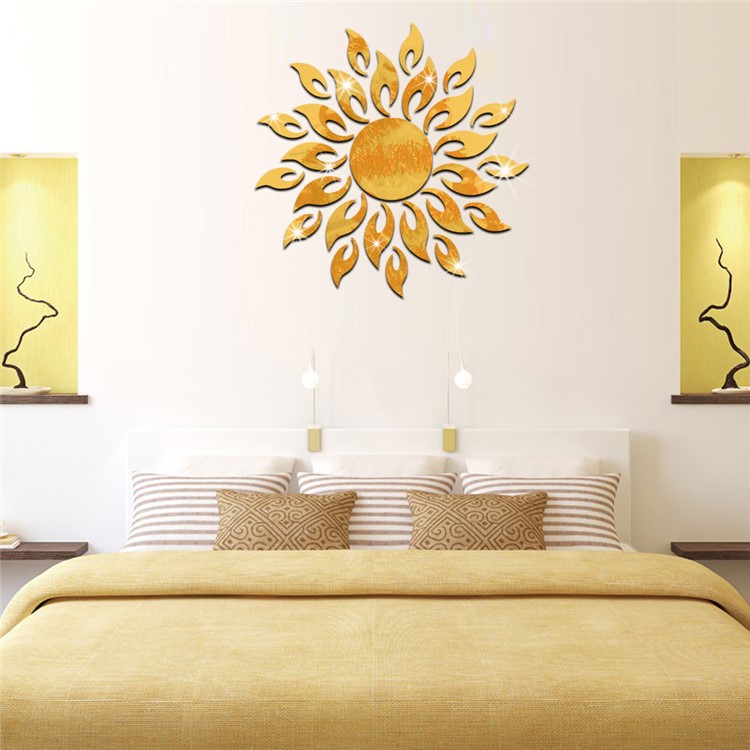 Sun Sunshine Round Mirror Removable DIY Acrylic 3D Wall Sticker for Bedroom - Gold Color-4