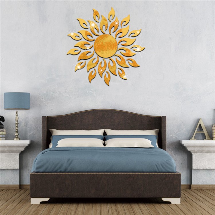 Sun Sunshine Round Mirror Removable DIY Acrylic 3D Wall Sticker for Bedroom - Gold Color-5