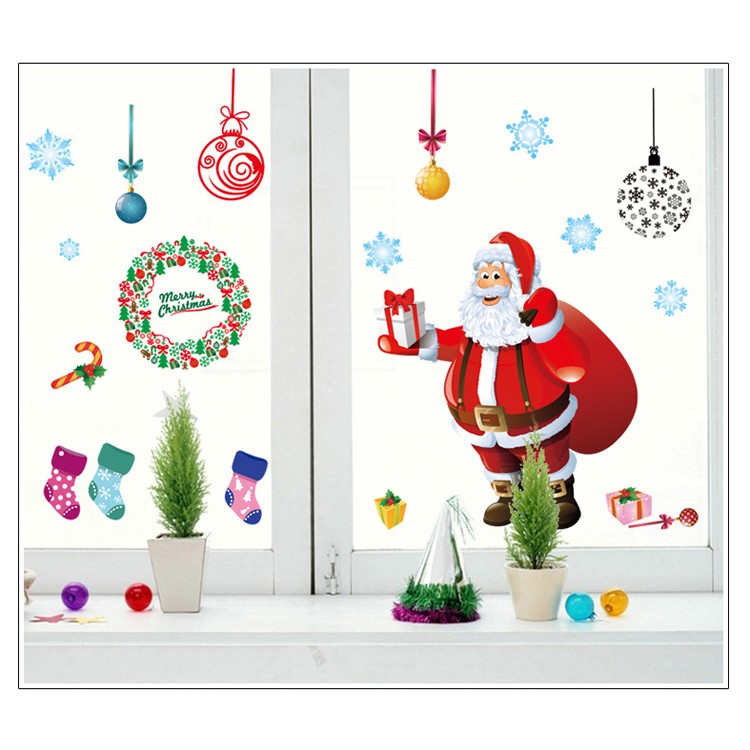 Santa Claus Christmas Tree Stockings Gifts Wall Sticker Living Room