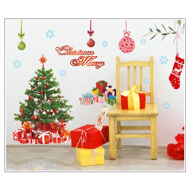 Santa Claus Christmas Tree Stockings Gifts Wall Sticker Living Room