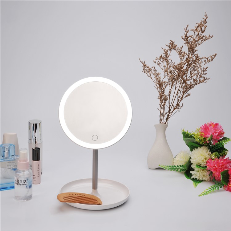 Round Shape Dimmable LED Makeup Mirror USB Rechargeable with Touch Control - White-4