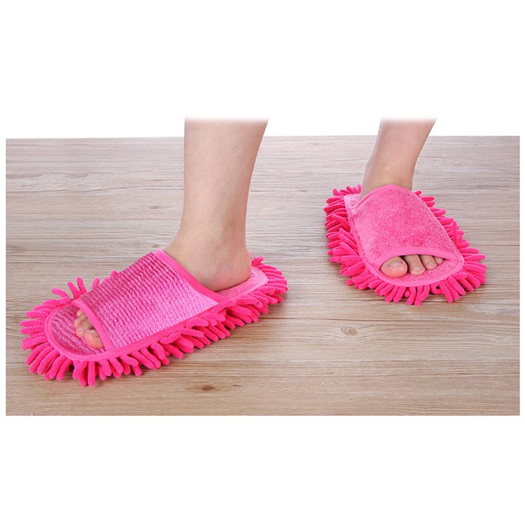 Household Chenille Floor Dust Cleaning Mop Slippers Easy Clean Open Toe Indoor Shoes - Rose-3
