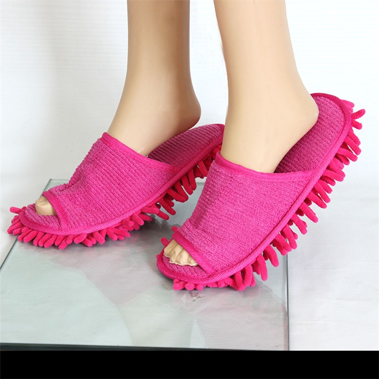 Household Chenille Floor Dust Cleaning Mop Slippers Easy Clean Open Toe Indoor Shoes - Rose-5