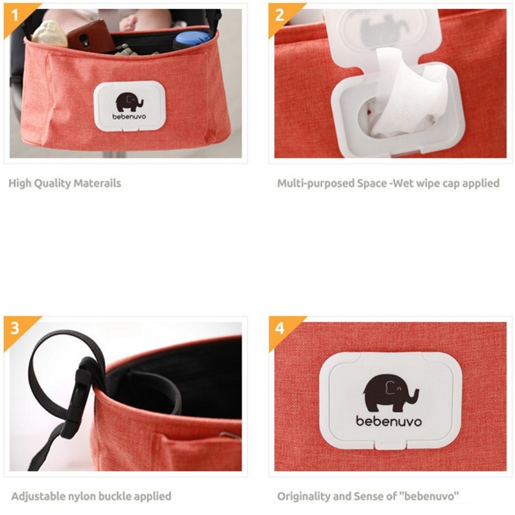 Portable Waterproof Adjustable Hanging Storage Bag Baby Stroller Organizer Wipes Can Baby Crib for Nursery Essentials - Orange-5