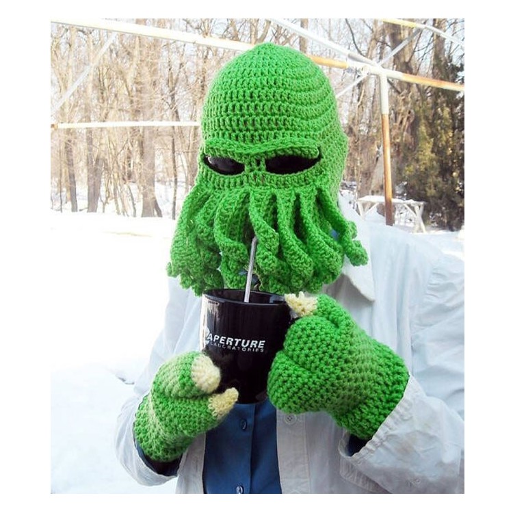 Handmade Double Lines Woven Knitting Wool Funny Beard Winter Octopus Hat - Green-1