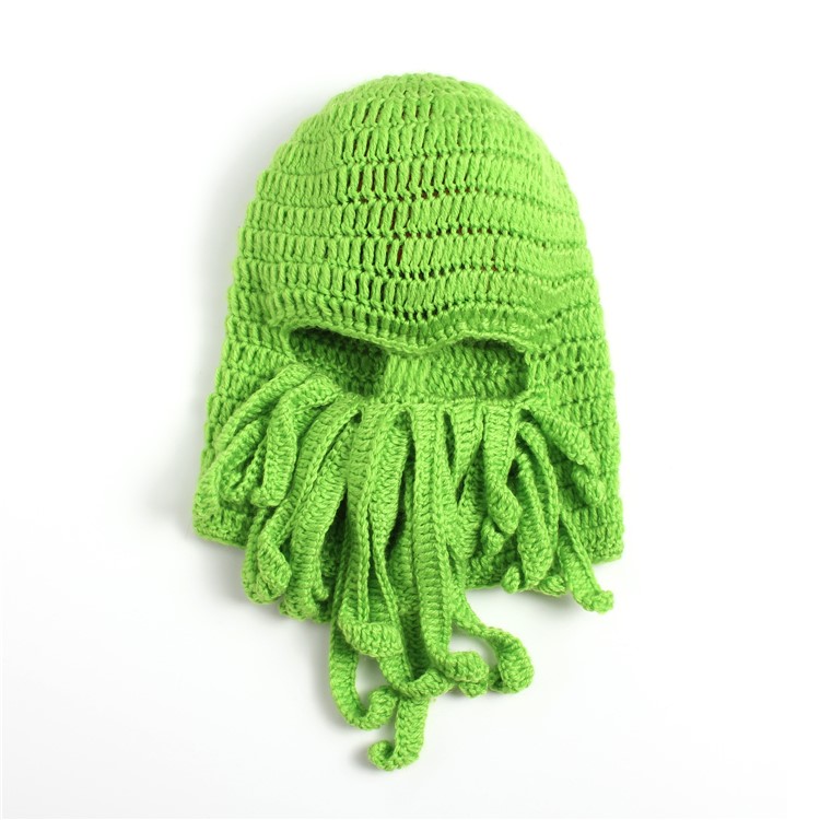 Handmade Double Lines Woven Knitting Wool Funny Beard Winter Octopus Hat - Green-2