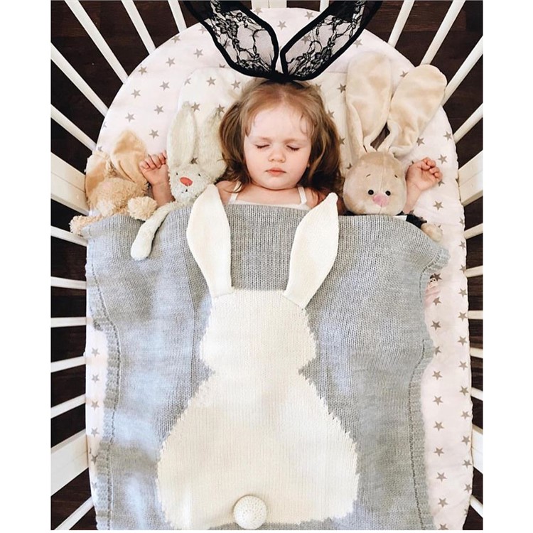 Children's Lovely 3D Rabbit Ear Jacquard knitted Blanket - Grey-1