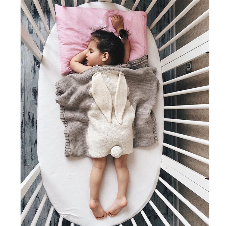 Children's Lovely 3D Rabbit Ear Jacquard knitted Blanket - Grey-2