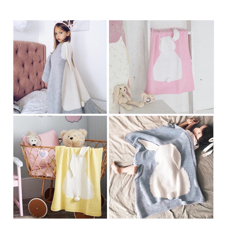 Children's Lovely 3D Rabbit Ear Jacquard knitted Blanket - Grey-8