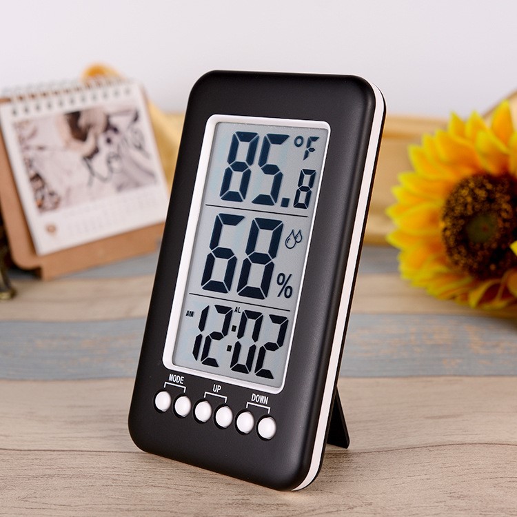 Digital LCD Display Thermometer Hygrometer Time Clock 12H/24H Alarm (CJ-3315t) - Black-2