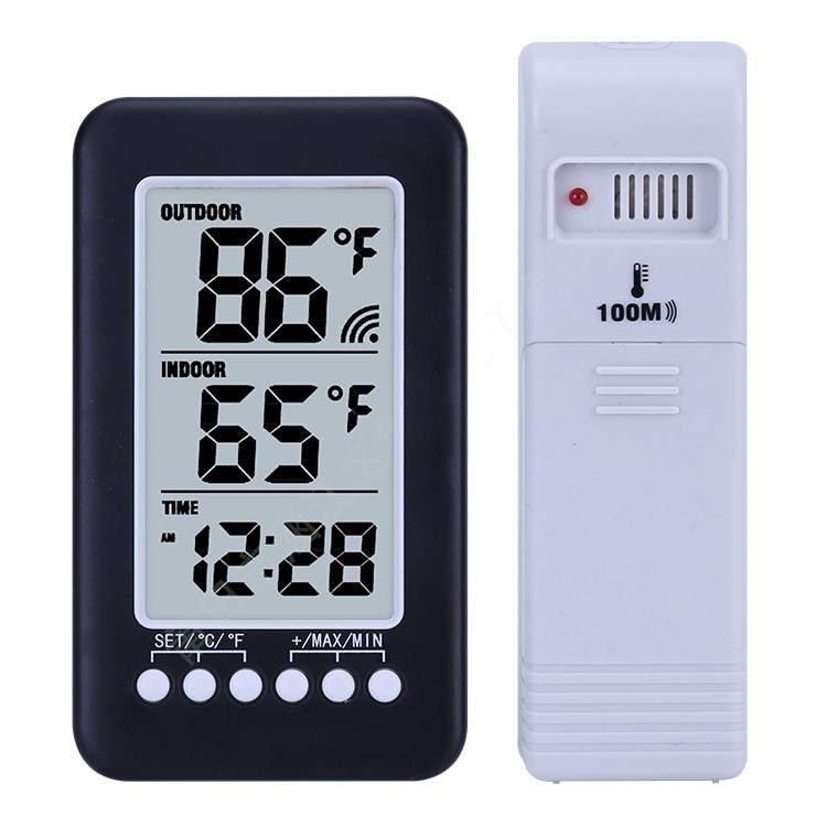 Thermomètre intérieur à l'extérieur Horloge + capteur de télécommande 100M (CJ3315RFCC + RF) - Noir-1
