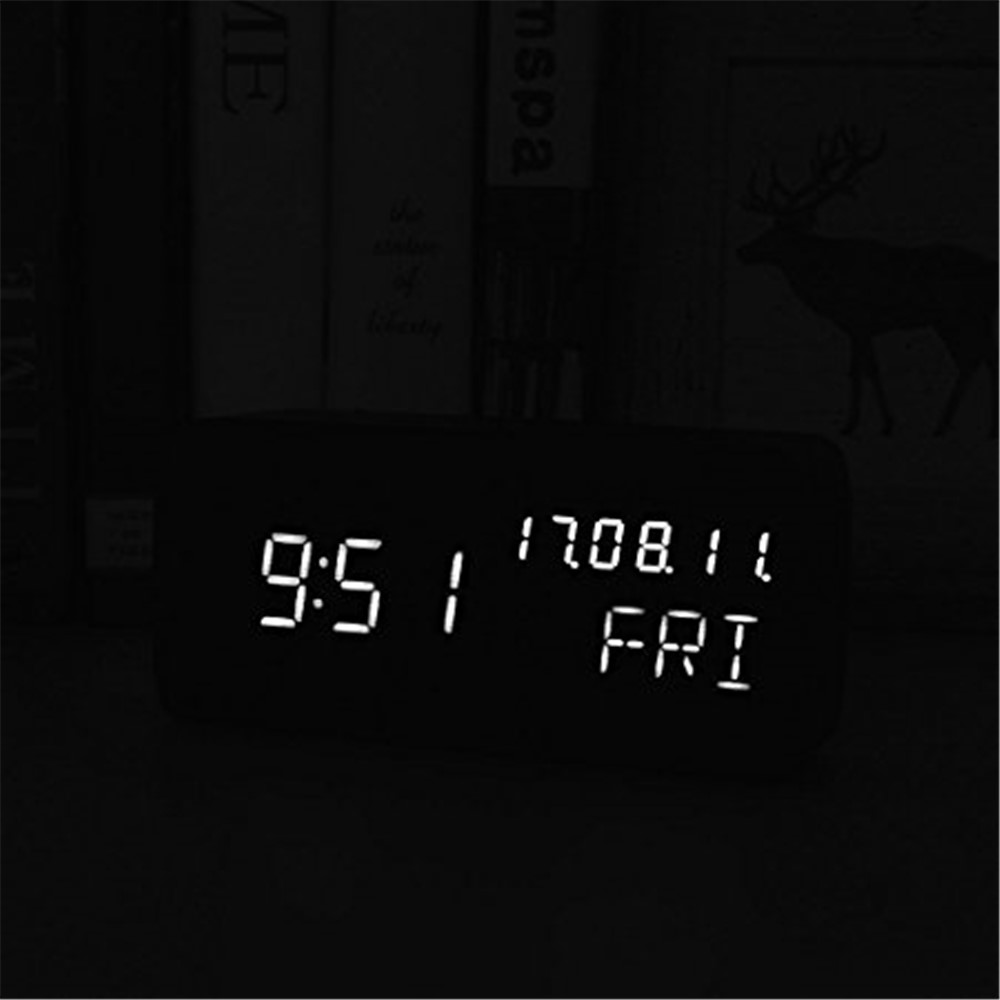 GREEN TIME LED Sprachsteuerung Holz Wecker mit Kalender Temperatur Zeitanzeige - Schwarz-2
