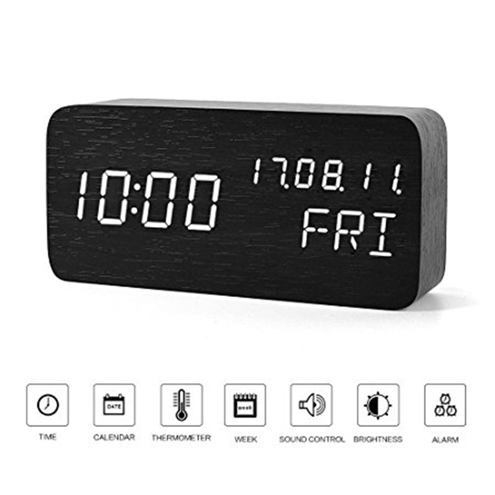 GREEN TIME LED Sprachsteuerung Holz Wecker mit Kalender Temperatur Zeitanzeige - Schwarz-6