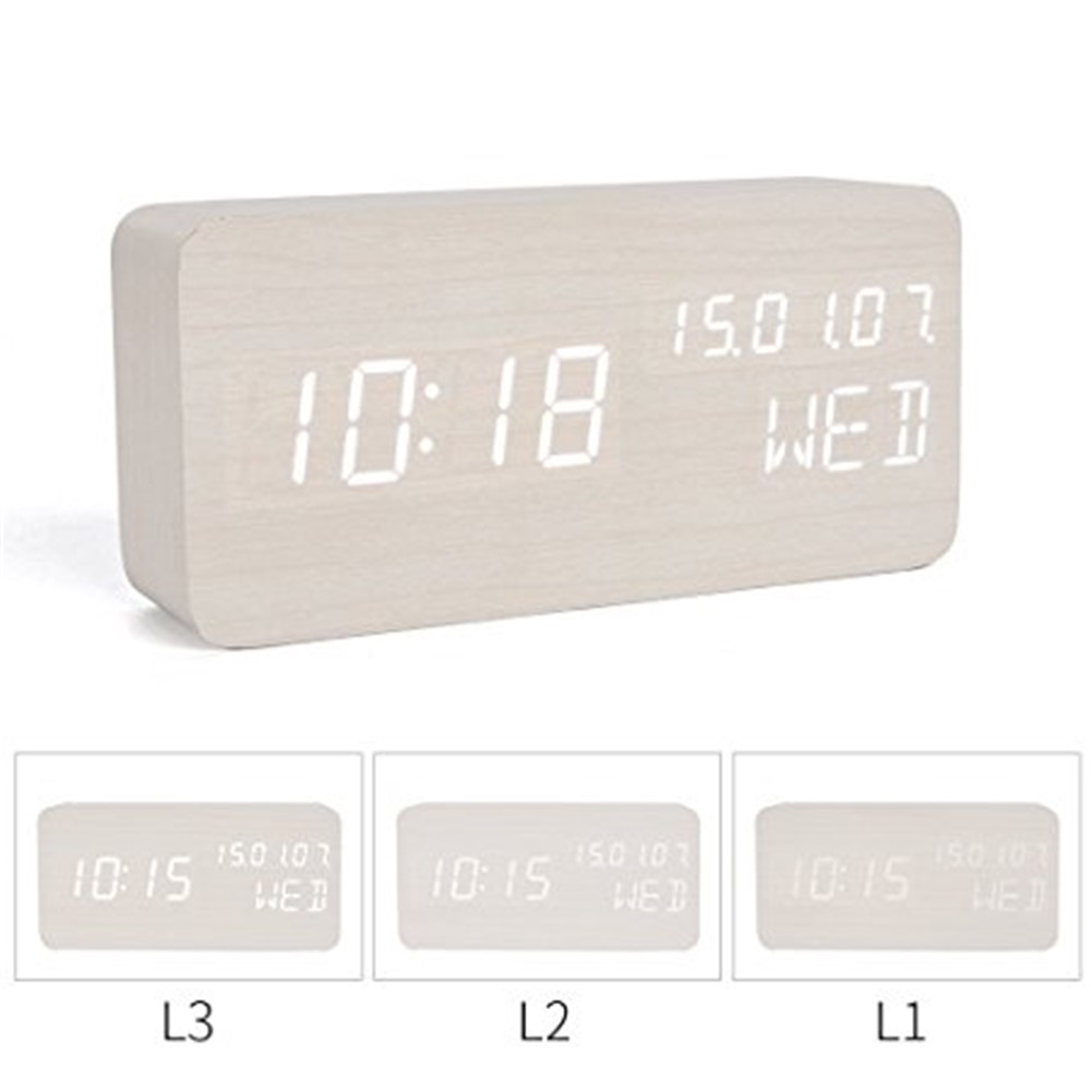 GREEN TIME LED Smart Voice Control Wood Alarm Clock with Calendar Temperature Time Display - White