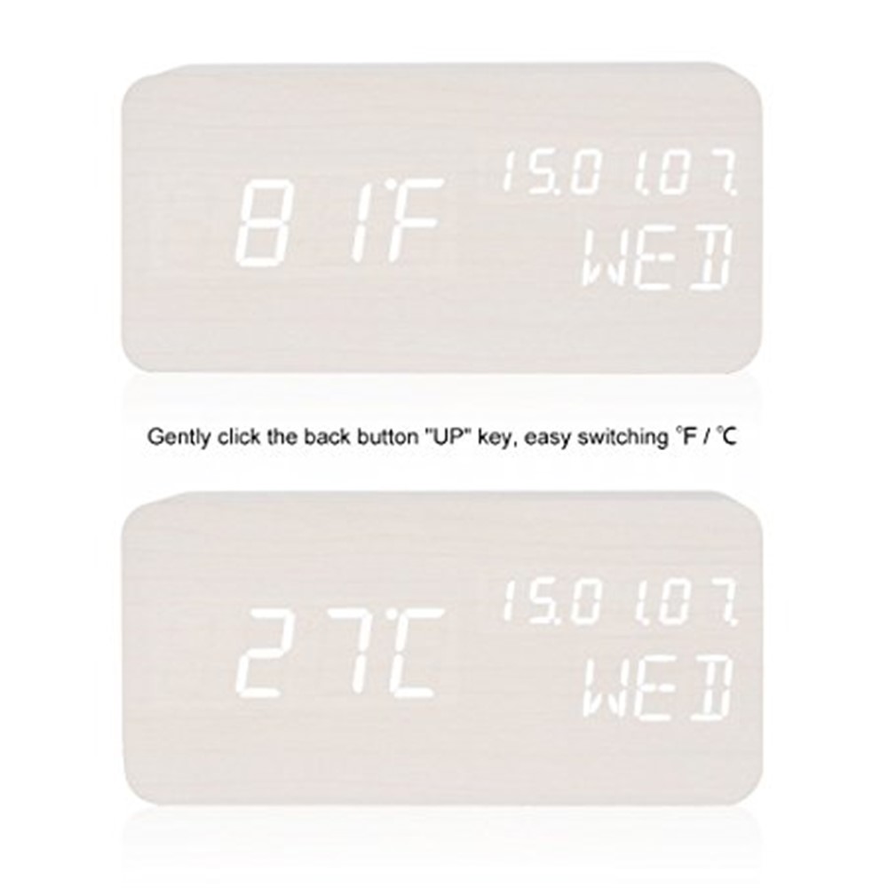 GREEN TIME LED Smart Voice Control Wood Alarm Clock with Calendar Temperature Time Display - White