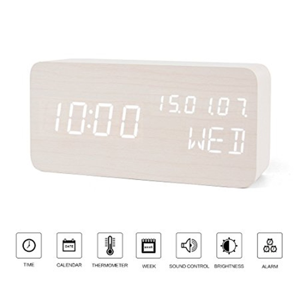 GREEN TIME LED Smart Voice Control Wood Alarm Clock with Calendar Temperature Time Display - White