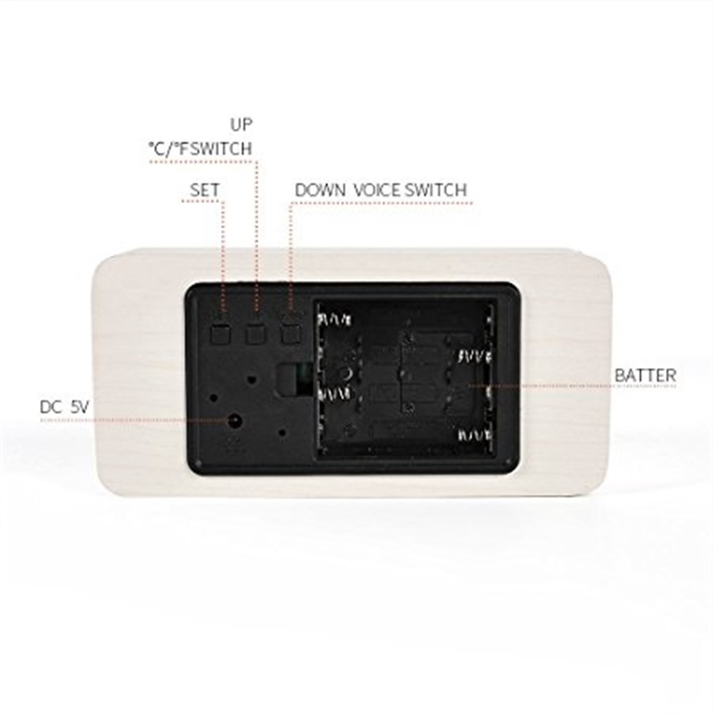 GREEN TIME LED Smart Voice Control Wood Alarm Clock with Calendar Temperature Time Display - White