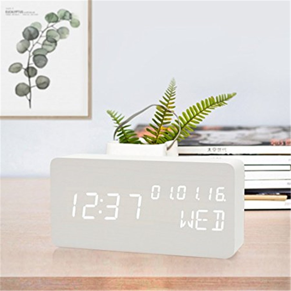 GREEN TIME LED Smart Voice Control Wood Alarm Clock with Calendar Temperature Time Display - White