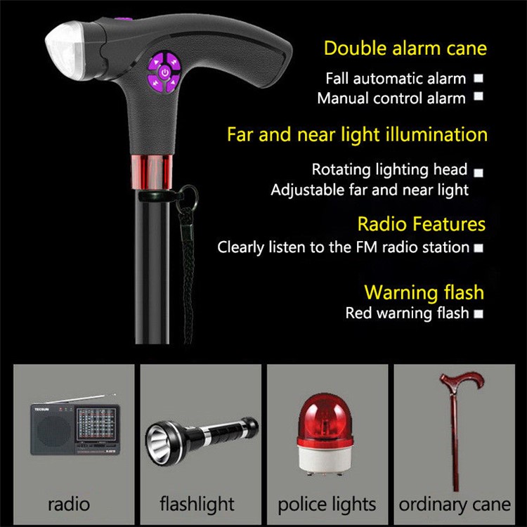 Intelligent Crutches Retractable Walking Stick Travel Climbing Pole Folding Cane with LED Alarm FM Radio-3