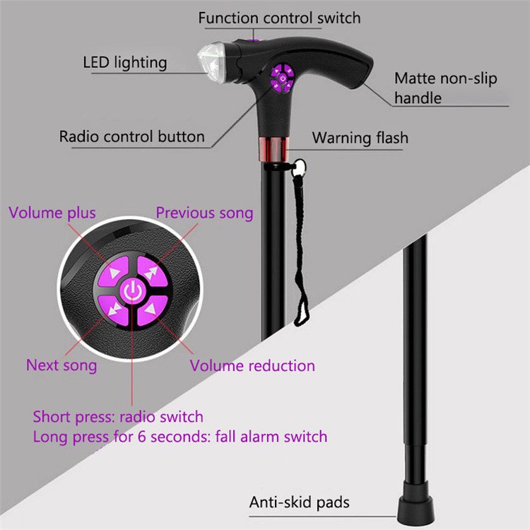 Intelligent Crutches Retractable Walking Stick Travel Climbing Pole Folding Cane with LED Alarm FM Radio-4