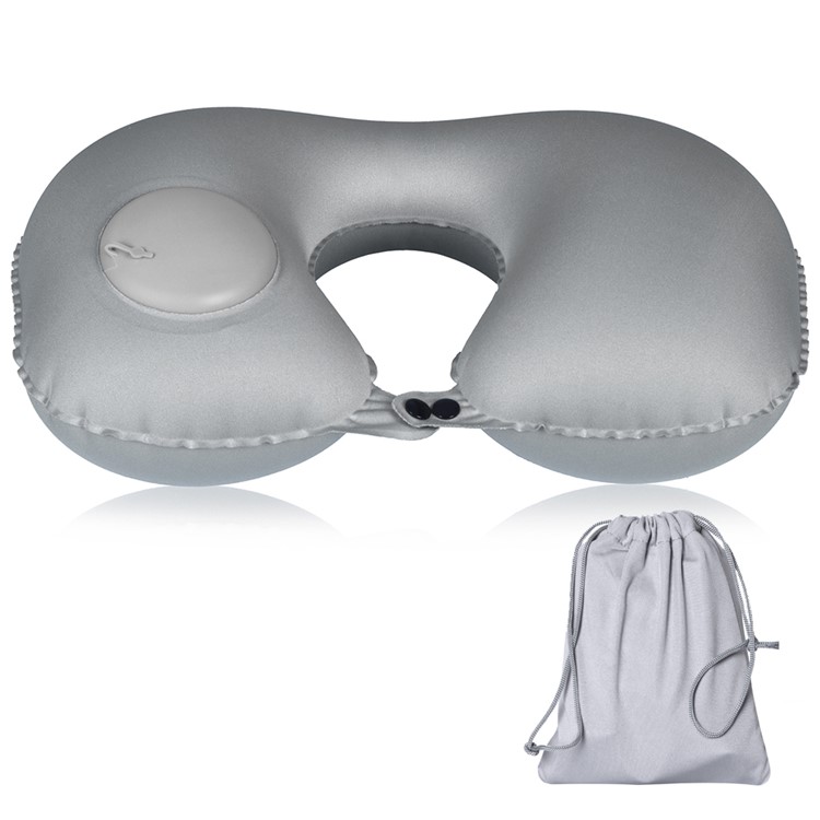 U shaped Press Type Inflatable Neck Support Pillow with Built in Air Bump - Grey-1