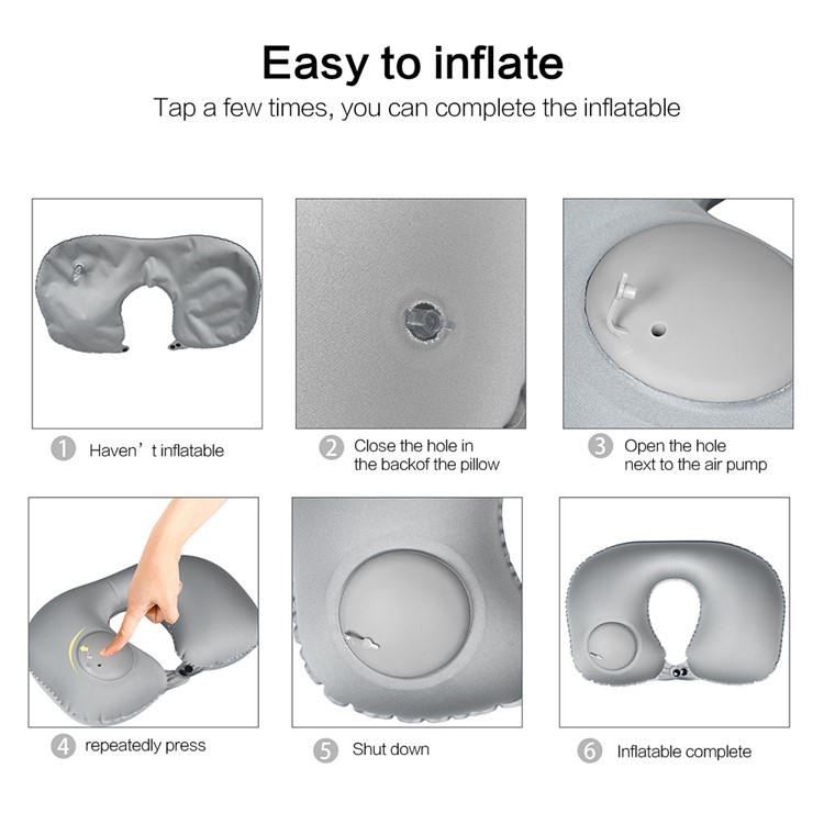 U shaped Press Type Inflatable Neck Support Pillow with Built in Air Bump - Grey-6