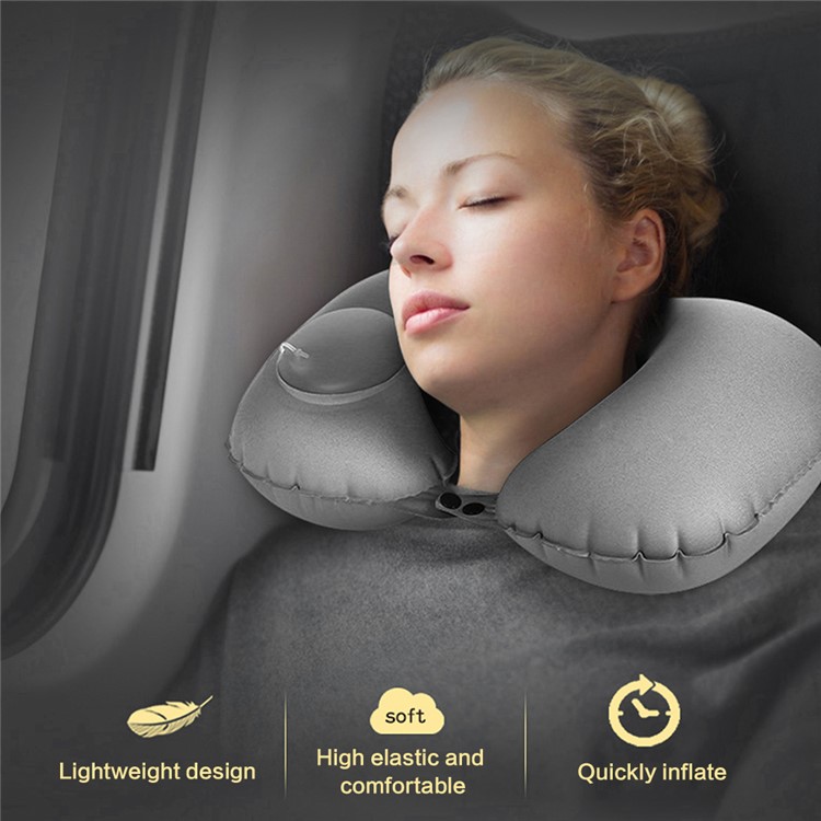 U shaped Press Type Inflatable Neck Support Pillow with Built in Air Bump - Grey-7
