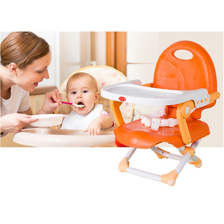 Multi-functional Foldable Travel Kids 3-level Height Adjustable Dining Eating Chair Seat with Detachable Dinner Plate - Orange-5