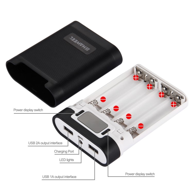 HAWEEL 4 x 18650 Charger Box Power Bank and Battery Charger Box with 2 USB Port and Power Display - Black-4