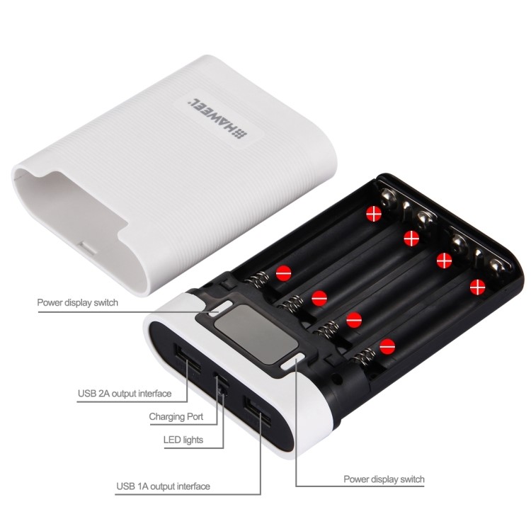 HAWEEL 4 x 18650 Battery Charger Box Portable Power Bank with 2 USB Port and Power Display - White-4