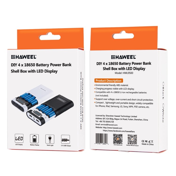 HAWEEL 4 x 18650 Battery Charger Box Portable Power Bank with 2 USB Port and Power Display - White-6