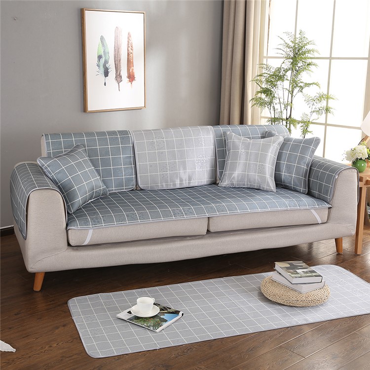 Grid Pattern Summer Sofa Cushion Cover Summer Ice Silk Sofa Mat, Size: 80x80cm - Dark Grey-3