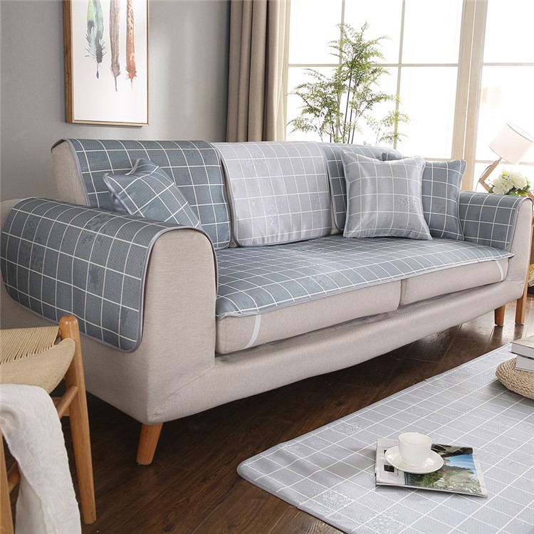 Grid Pattern Summer Sofa Cushion Cover Summer Ice Silk Sofa Mat, Size: 80x80cm - Dark Grey-4