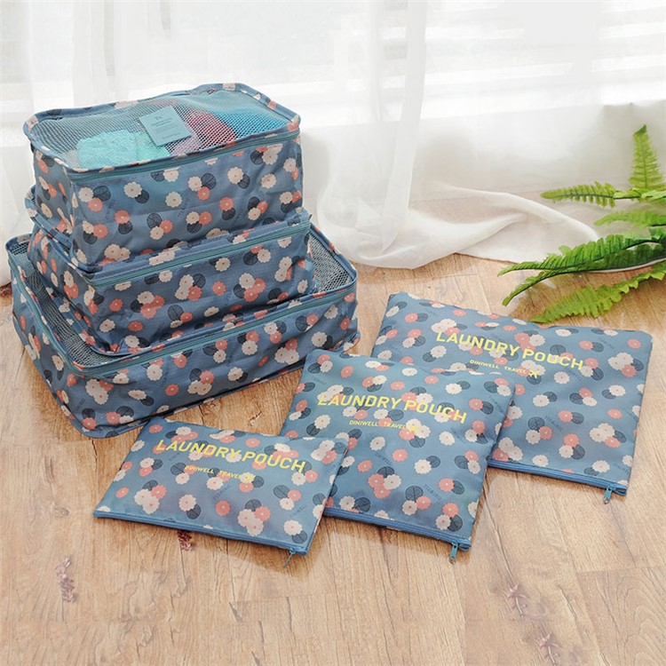 TRAVEL SEASON 6Pcs (3 Cubes 3 Pouches) Travel Essential Storage Bags Organizer - Blue Floral-1