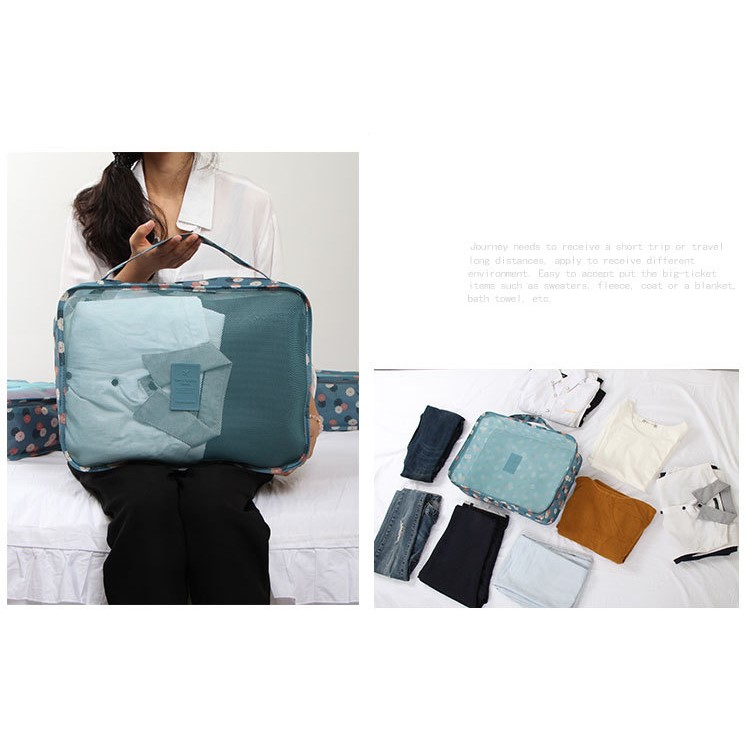TRAVEL SEASON 6Pcs (3 Cubes 3 Pouches) Travel Essential Storage Bags Organizer - Blue Floral-10