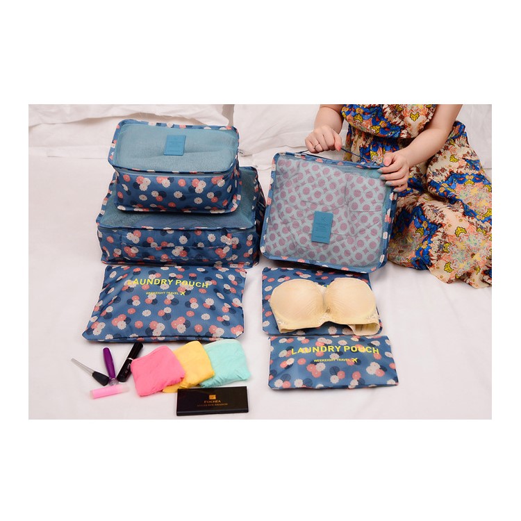 TRAVEL SEASON 6Pcs (3 Cubes 3 Pouches) Travel Essential Storage Bags Organizer - Blue Floral-11