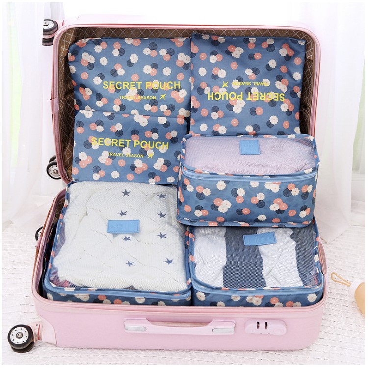 TRAVEL SEASON 6Pcs (3 Cubes 3 Pouches) Travel Essential Storage Bags Organizer - Blue Floral-12