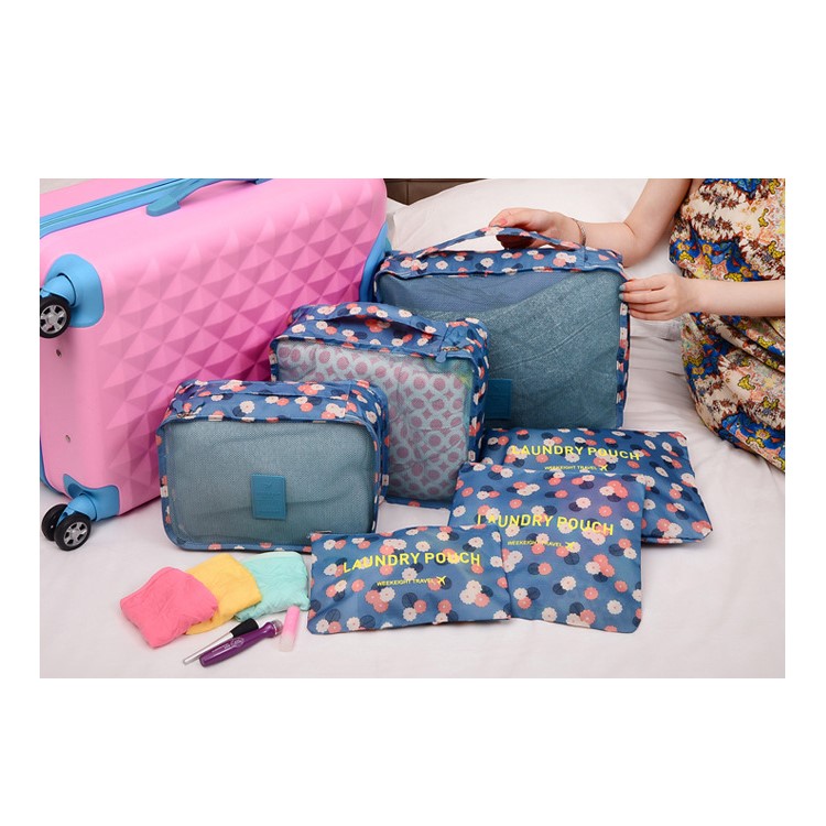 TRAVEL SEASON 6Pcs (3 Cubes 3 Pouches) Travel Essential Storage Bags Organizer - Blue Floral-13